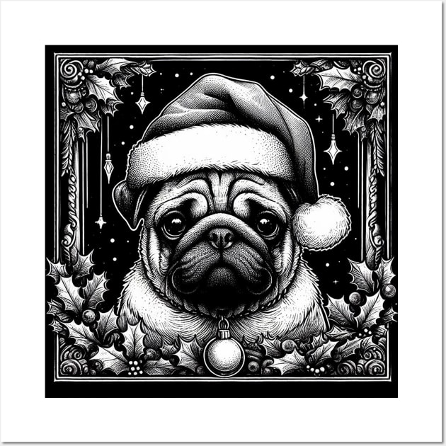 Gothic Christmas Pug with Holly Wall Art by Pickledjo